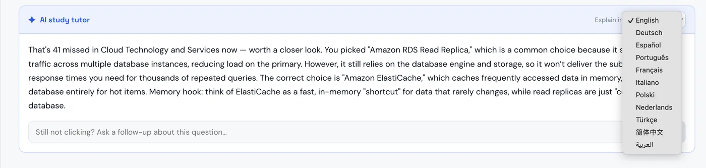 The Certsqill AI study tutor explaining a wrong answer, with its language menu open showing eleven languages.